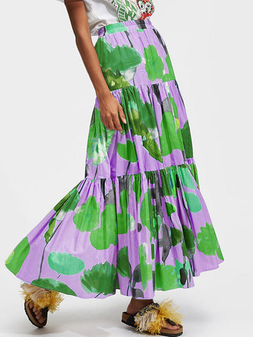 Women Colorful Floral Print Loose Elastic Waist A-Line Long Tiered Layered Skirt