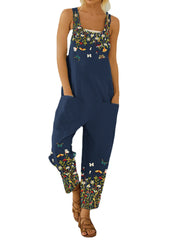 Butterfly Flower Print Strap Button Pocket Casual Jumpsuit Overalls For Women