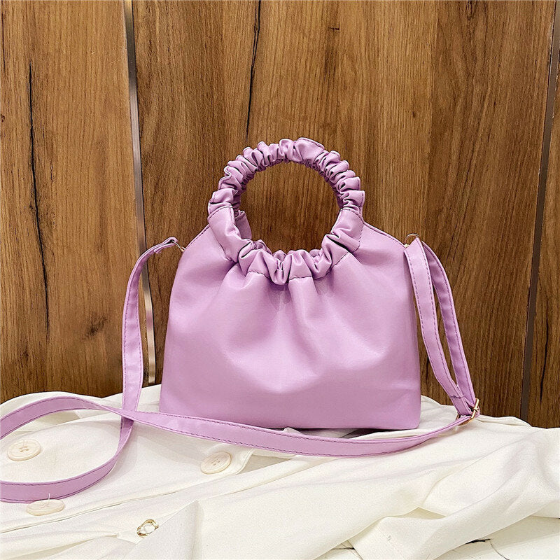 Women PU Leather Solid Color Shell-Shape Ruched Bag Handbag Satchel Shoulder Crossbody