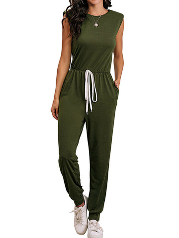 Sleeveless Round Neck Drawstring Waist Loose Button Back Jumpsuits For Women