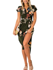 Non-Elastic V-Neck Floral Printed Split Casual Dress For Women
