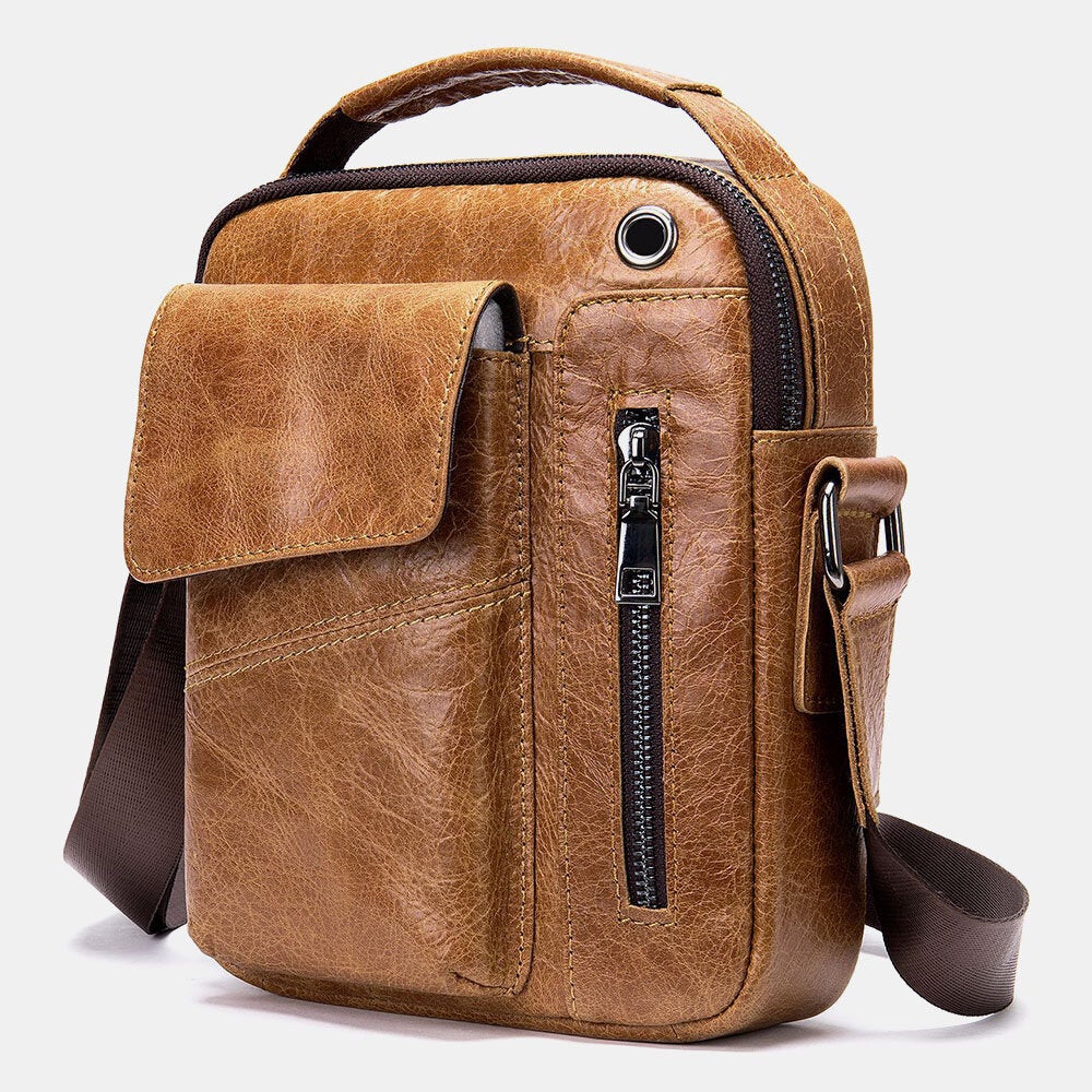 Men's Vintage Leather Waterproof Crossbody Bag with Multi-Pockets & Earphone Hole