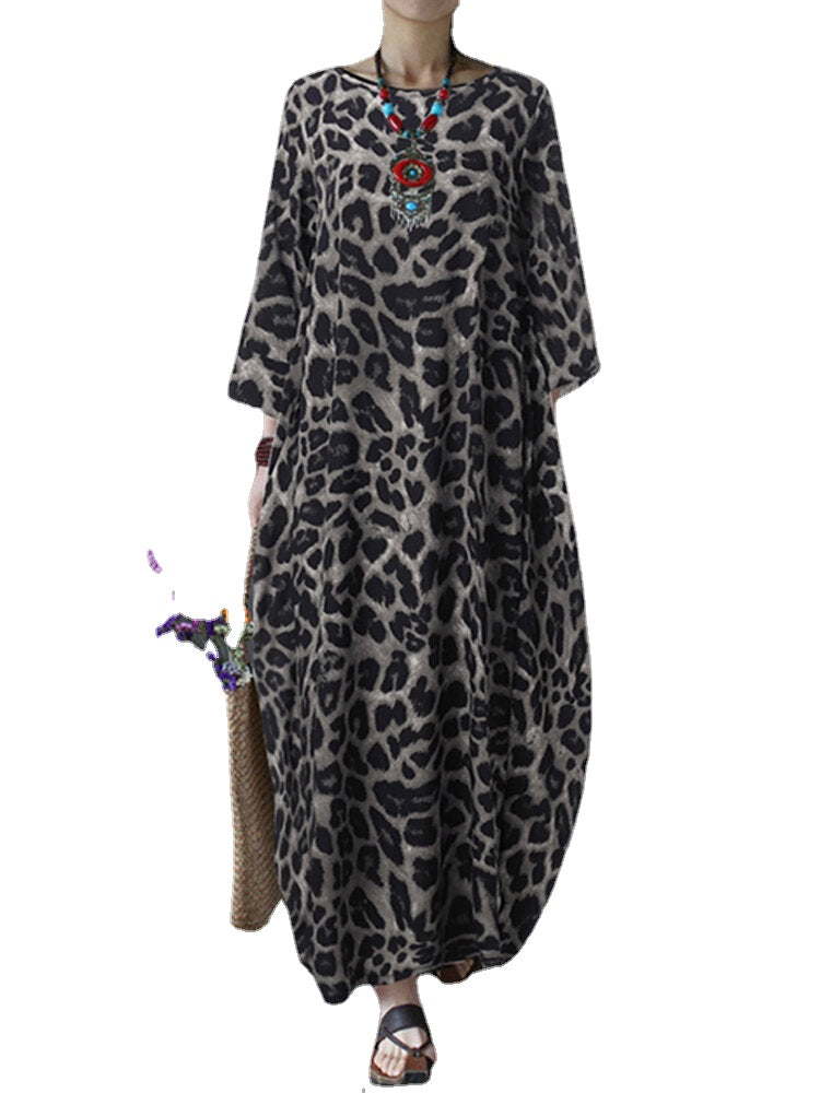 Women Leopard Print Crew Neck Loose Baggy Maxi Dress