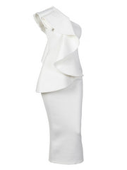 Love&Lemonade Sexy One-Shoulder Ruffled Trim Strapless  Slim Bodycon Party Dress LM9521 WHITE