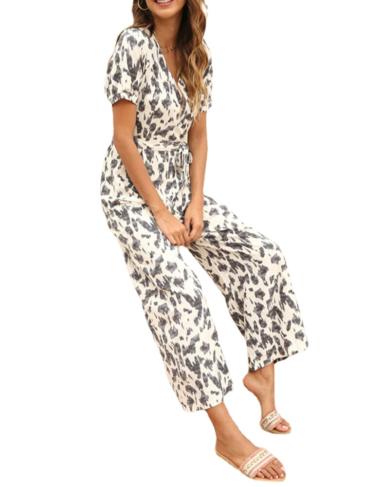 Casual Leopard Print V-neck Knotted Short Sleeve Jumpsuits For Women