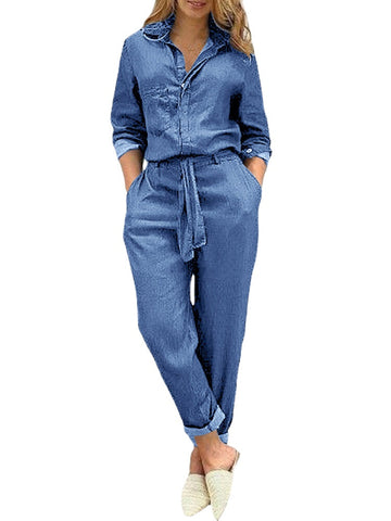 Women Solid Color Button Front Camp Collar Daily Jumpsuit