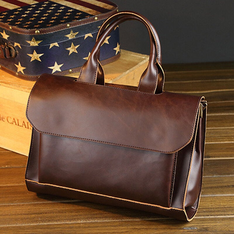 Men's Retro PU Leather Multi-Compartment Briefcase Messenger Bag