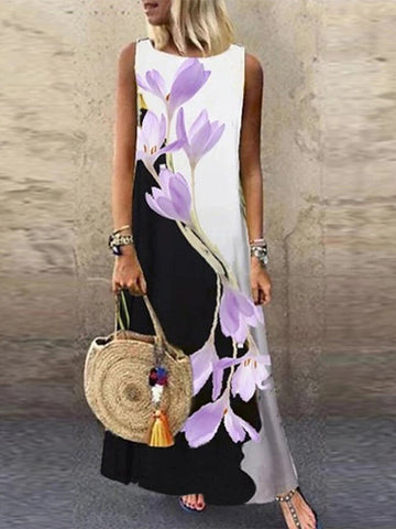 Women Flower Print Contrast Stitching Sleeveless Holiday Casual Maxi Dresses