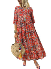 Women Three Quarter Sleeve Bohemia Vintage Print Floral Dress