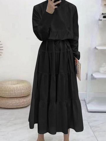 Women High Neck Tiered Frill Waist Tie Casual Long Sleeve Pleated Maxi Dresses