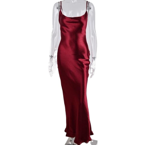Elegant Sexy Ladies' Lace-up Spaghetti Strap Bodycon Satin Maxi Dress