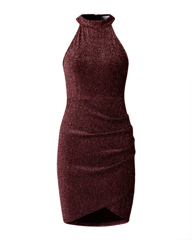Women Solid Color Halter Back Zipper Bodycon Mini Dress