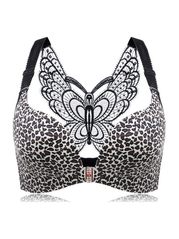 Front Closure Butterfly Embroidery Back Wireless Push Up Bra,Grey
