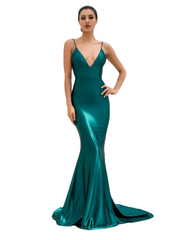 Love&Lemonade . Green Deep V-Neck Open Back Slim Flash Material Maxi Dress  LM1099