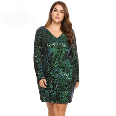 V-Neck Long Sleeve Sequined Bodycon Cocktail Club Deep