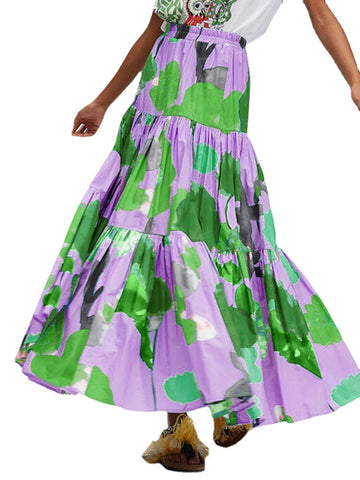 Women Colorful Floral Print Loose Elastic Waist A-Line Long Tiered Layered Skirt