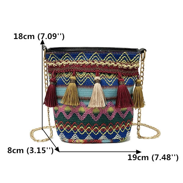 Women Weaving Tassel National Crossbody Bag Chic Bucket