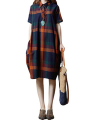 Plaid Button Pocket Lapel Short Sleeve Casual Midi Dress