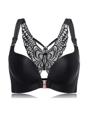 Front Closure Butterfly Embroidery Back Wireless Push Up Bra,Black