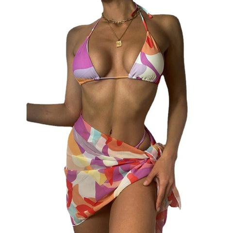 Sexy Women's Print Low Waist Halter Swimsuit 3pieces