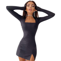 Fashion Solid Color Hot Girl Sexy Silm-Fit Long Sleeve Dress