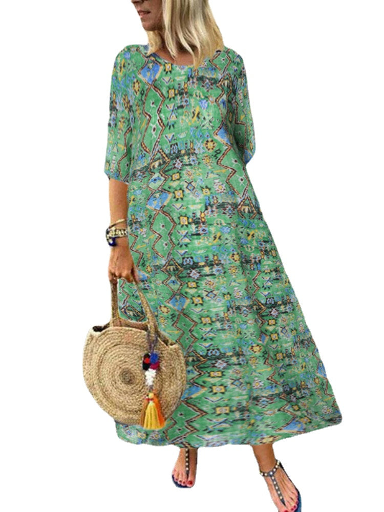 Women Three Quarter Sleeve Bohemia Vintage Print Floral Dress