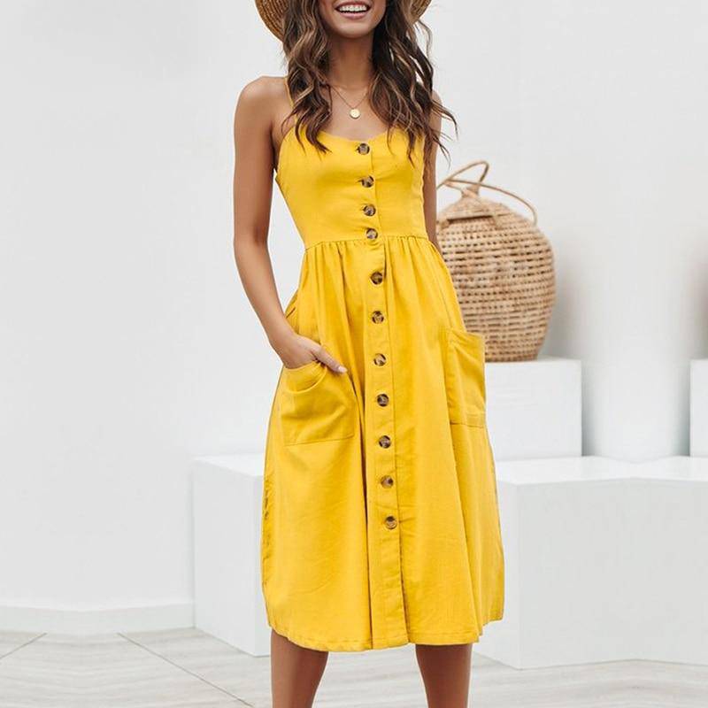 Elegant Pocket Polka Dots Yellow Cotton Midi Dress - Sheseelady