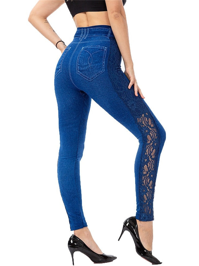 Female Casual Elasticity Ankle-Length Solid Color Print Simple Denim Pants