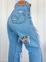 Women Ripped Leopard Frayed Distressed Rigid Mid Waist Casual Jeans