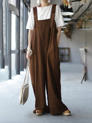 Women 100% Cotton Solid Adjusting Buckle Wide Leg Pocket Ankle Length Jumpsuit