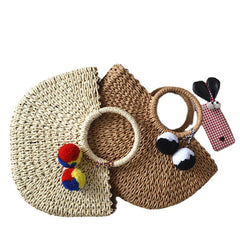 Women Casual Straw Handbag Woven Plush Ball Beach Bag