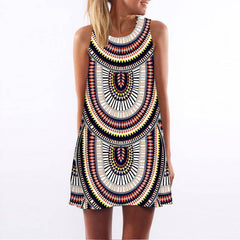 Casual Cute Print Sleeveless Crewneck Chiffon Sundress For Ladies