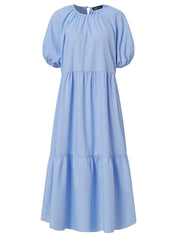 Casual Loose Puff Sleeve O-neck Pleated Button A-line Maxi Dress