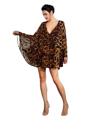 Love&Lemonade  Deep V-Neck Open Back Cloak Style Leopard Chiffon Dress LM81368