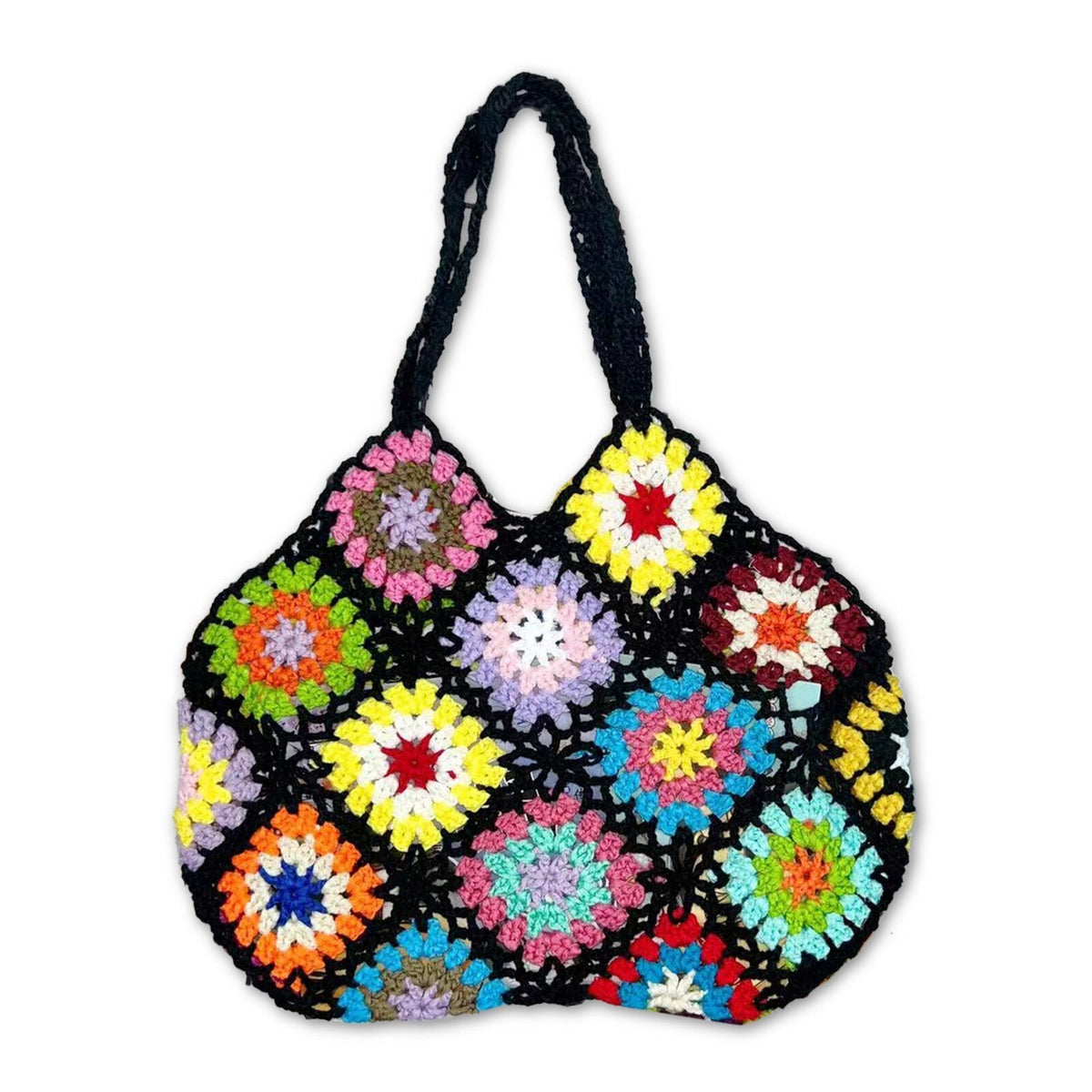 Women Handmade Crochet Ethnic Casual Handbag Mixed Floral Pattern Multifunctional Shoulder Bag Tote