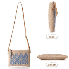 Women Straw Ethnic Pattern Embroidery Crossbody Bag Adjustable Zipper Shoulder