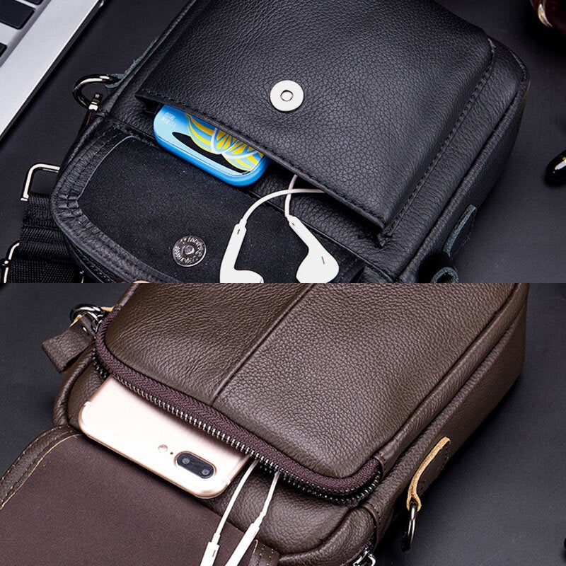 Men's Waterproof Genuine Leather Crossbody Bag with Multi-Layers