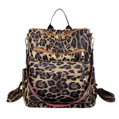 Women Faux Leather Leopard And Flowers Pattern Fashion Casual Backpack