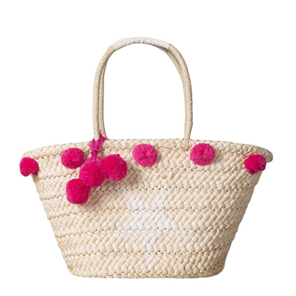 Women Woven Straw Beach Handbag Travel Plush Ball Bag Tote