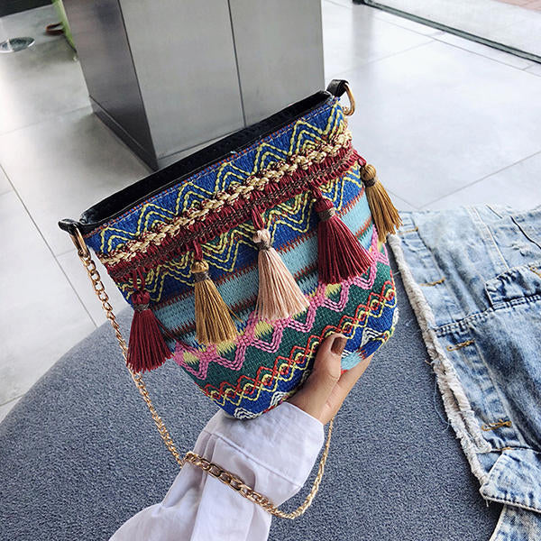 Women Weaving Tassel National Crossbody Bag Chic Bucket