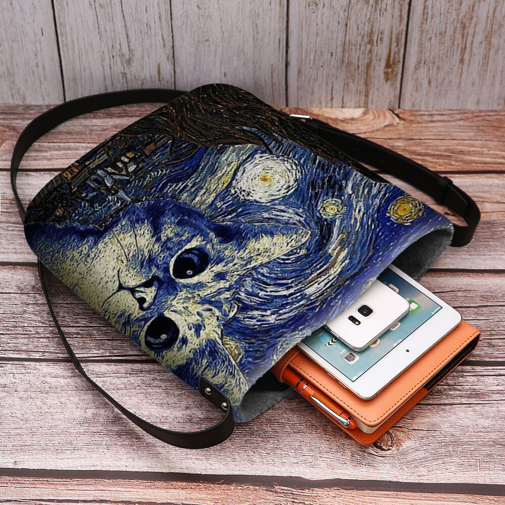 Women Felt Cute Casual Cartoon Cat Pattern With Starry Night Galaxy Paintings Crossbody Bag Shoulder