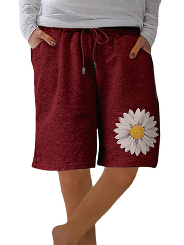 Daisy Print Women Drawstring Loose Shorts With Pocket