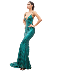 Love&Lemonade Sexy Green Deep V Neck Open Back Geometry Sequins Long Dress  LM81225