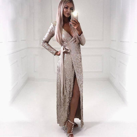 Sexy Solid Deep V-neck High Split Sequined Maxi Dress For Autumn Winter