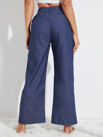 Women Solid Color Drawstring Mid Waist Jeans Casual Wide Leg Pants With Pocket
