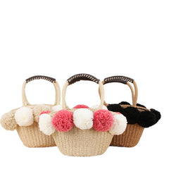 Women Travel Woven Beach Bag Cute Contrast Plush Ball Straw Handbag