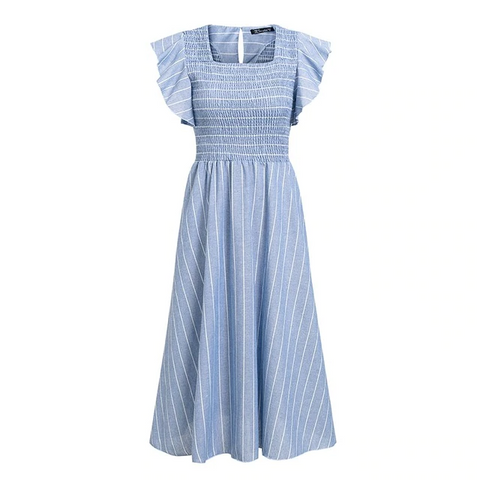 Elegant Vintage Square Collar Ruffle Sleeve Striped Linen Long Dresses For Female