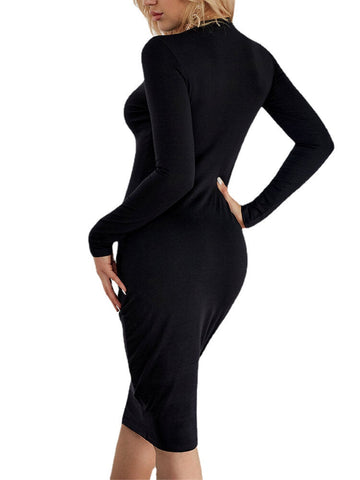 Black Round Neck Long Sleeve Slim Midi Dress
