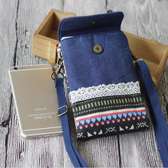 Women Denim Three Interlayers Flower Printing Mini Shoulder Bags Lace Crossbody 6.0'' Phone Bag