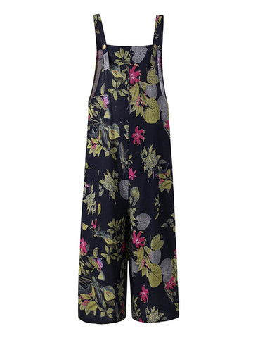 Women Vintage Sleeveless Button Floral Side Pocket Overalls Loose Printing Jumpsuits